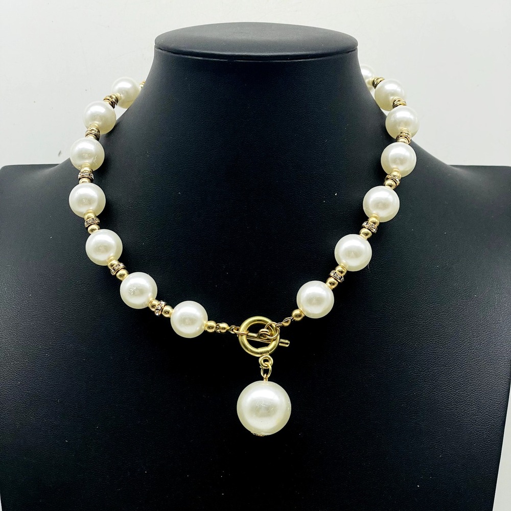 Faux Pearl Necklace Gold Tone Rhinestone Spacers Toggle Clasp Dangle Pendant
